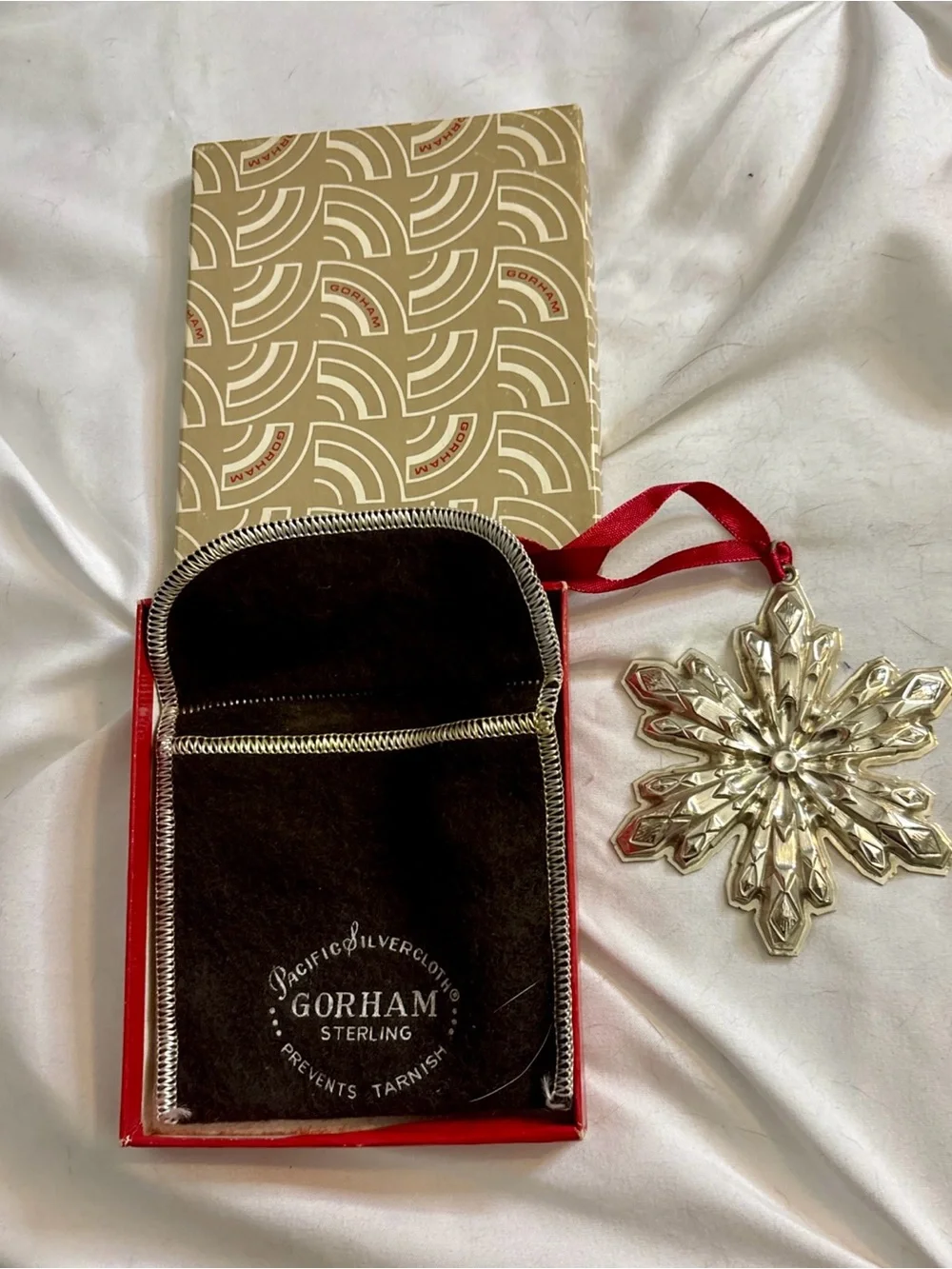 Gorham Sterling Silver Snowflake Holiday Ornament with Red Ribbon